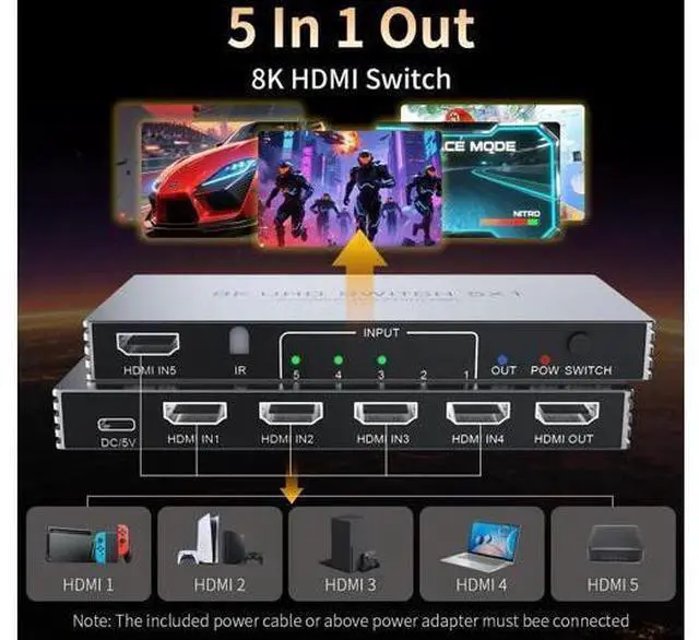 Alt view image 3 of 7 - 5 in 1 Out HDMI 2.1 Switch, 8K@60Hz 4K@240Hz HDMI Switcher Splitter with Power Adapter, Support HDR10+ HDCP 2.3 CEC, Compatible with PS5 PS4 Xbox Nintendo Switch Roku Apple TV Fire Stick
