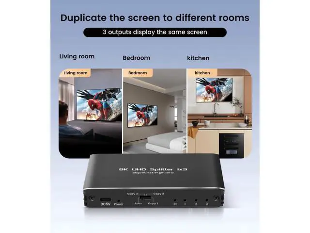 Alt view image 4 of 7 - 1 in 3 Out HDMI 2.1 Splitter 8K@60Hz, 1×3 Mirror Only HDMI Splitter for Multiple Monitors, Support 4K@120Hz 48Gbps HDCP 2.3 RGB 4:4:4 for Gaming