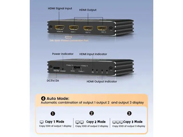 Alt view image 7 of 7 - 1 in 3 Out HDMI 2.1 Splitter 8K@60Hz, 1×3 Mirror Only HDMI Splitter for Multiple Monitors, Support 4K@120Hz 48Gbps HDCP 2.3 RGB 4:4:4 for Gaming
