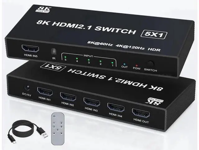 Main image of 5 in 1 Out 8K HDMI 2.1 Switch with Remote, 4K@120Hz HDMI Port Expander Selector, Support 3D HDR HDCP2.3, Compatible with PS5 PS4 Xbox Switch DVD Player TV PC