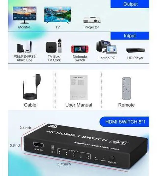 Alt view image 4 of 7 - 5 in 1 Out 8K HDMI 2.1 Switch with Remote, 4K@120Hz HDMI Port Expander Selector, Support 3D HDR HDCP2.3, Compatible with PS5 PS4 Xbox Switch DVD Player TV PC