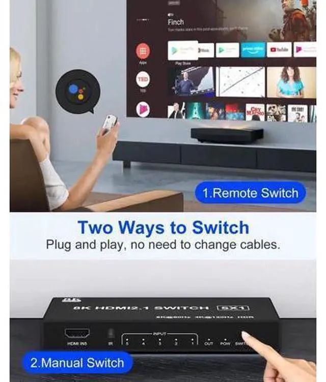 Alt view image 5 of 7 - 5 in 1 Out 8K HDMI 2.1 Switch with Remote, 4K@120Hz HDMI Port Expander Selector, Support 3D HDR HDCP2.3, Compatible with PS5 PS4 Xbox Switch DVD Player TV PC