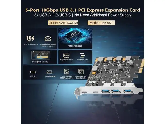 Alt view image 3 of 7 - PCIe to USB 3.2 Gen2 10Gbps Expansion Card, 5 Ports with 3X USB-A & 2X USB-C, Self-Powered USB Hub Controller Adapter for Desktop PC, Compatible with Windows 10/11