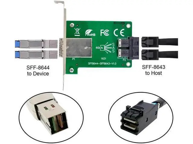 Alt view image 3 of 5 - SFF-8644 Dual Ports Mini SAS HD Adapter, External SFF-8644 Female to Internal SFF-8643 PCBA Converter with Low Profile Bracket