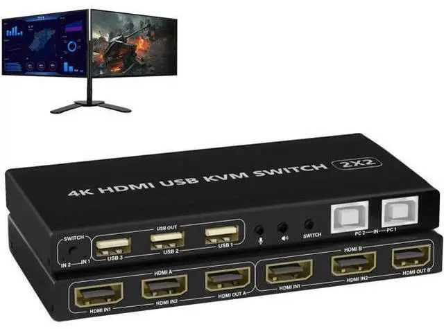Main image of 2 Port Dual Monitor KVM Switch 4K@60Hz, 2 in 2 Out HDMI KVM Switch with Audio Port, 3 USB 2.0 Hub, Black Manual Toggle Switch with ON-NONE-ON Operation Mode