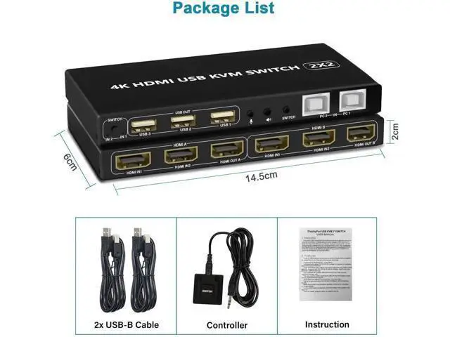 Alt view image 2 of 7 - 2 Port Dual Monitor KVM Switch 4K@60Hz, 2 in 2 Out HDMI KVM Switch with Audio Port, 3 USB 2.0 Hub, Black Manual Toggle Switch with ON-NONE-ON Operation Mode