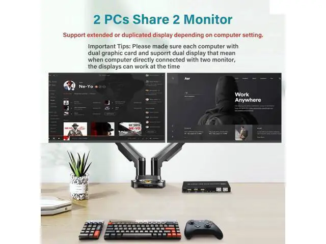 Alt view image 3 of 7 - 2 Port Dual Monitor KVM Switch 4K@60Hz, 2 in 2 Out HDMI KVM Switch with Audio Port, 3 USB 2.0 Hub, Black Manual Toggle Switch with ON-NONE-ON Operation Mode
