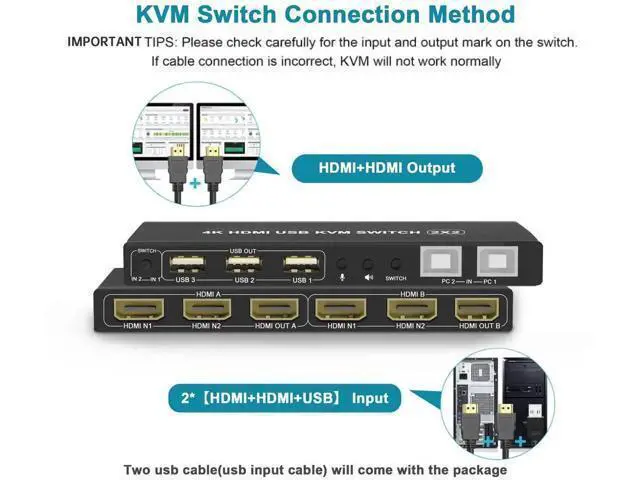 Alt view image 4 of 7 - 2 Port Dual Monitor KVM Switch 4K@60Hz, 2 in 2 Out HDMI KVM Switch with Audio Port, 3 USB 2.0 Hub, Black Manual Toggle Switch with ON-NONE-ON Operation Mode