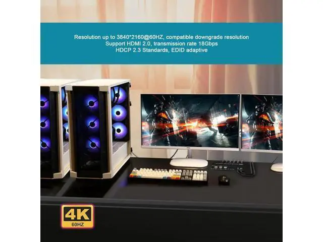 Alt view image 5 of 7 - 2 Port Dual Monitor KVM Switch 4K@60Hz, 2 in 2 Out HDMI KVM Switch with Audio Port, 3 USB 2.0 Hub, Black Manual Toggle Switch with ON-NONE-ON Operation Mode