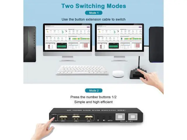 Alt view image 7 of 7 - 2 Port Dual Monitor KVM Switch 4K@60Hz, 2 in 2 Out HDMI KVM Switch with Audio Port, 3 USB 2.0 Hub, Black Manual Toggle Switch with ON-NONE-ON Operation Mode
