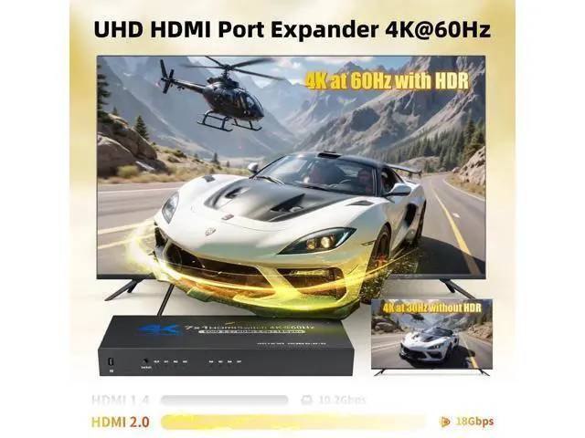 Alt view image 2 of 7 - 7-in-1 4K@60Hz HDMI Switch with Remote, HDMI Port Expander Hub Video Switcher Supports 3D, HDCP2.2, HDR for PS5, Xbox Series X, HDTV, PC with Power Supply