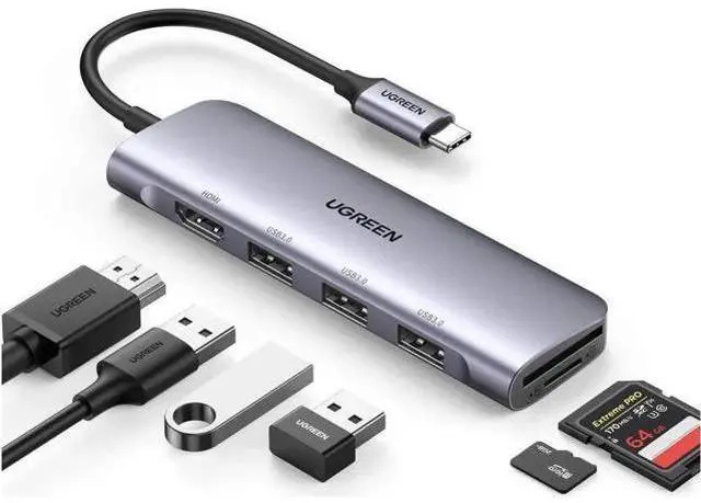 Main image of UGREEN 6-in-1 USB C Hub Dongle, USB-C to 4K HDMI Multiport Adapter with 3 USB 3.0 Ports SD/TF Card Reader Compatible with MacBook Pro, Dell XPS and All Type C Devices
