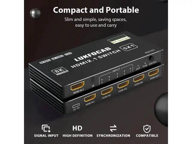 Alt view image 6 of 7 - 5 in 1 Out HDMI 2.1 Switch 8K@60Hz, 5 Port HDMI Switcher Selector Box with Remote Control, 4K@120Hz 48Gbps HDMI 5x1 Switch Support HDR 10+ HDCP 2.3 3D for PS5 Xbox Series X Nintendo Switch Laptop
