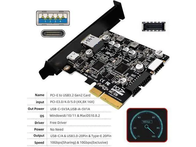 Alt view image 4 of 7 - 10Gbps PCIe USB Expansion Card, Type-E USB 3.1 Front Panel Socket + USB3.0 19Pin/20Pin Header + USB-A & Type-C Port, ASM3142 VL822 Chipset PCI-E Express Adapter
