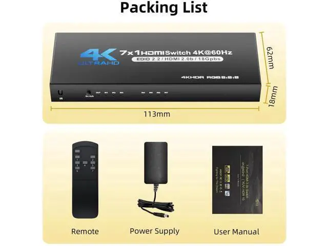 Alt view image 7 of 7 - 7-in-1 4K@60Hz HDMI Switch with Remote, HDMI Port Expander Hub Video Switcher Supports 3D, HDCP2.2, HDR for PS5, Xbox Series X, HDTV, PC with Power Supply