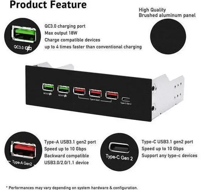 Alt view image 2 of 6 - 5.25 Inch USB 3.1 Gen2 Front Panel Hub, 10Gbps High Speed Type-C Hub with QC 3.0 Quick Charging Port for Desktop PC