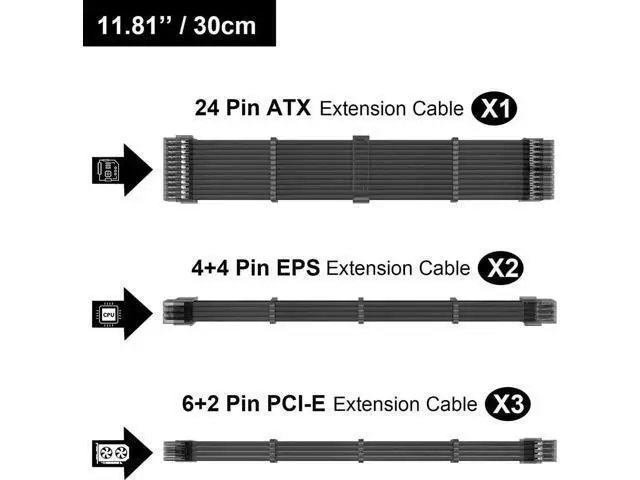 Alt view image 2 of 6 - Black Custom Sleeved PSU Extension Cable Kit, 6PCS 18AWG Mod Power Supply Cables, 24Pin ATX / 4+4 Pin EPS CPU / 6+2 Pin PCIe GPU Extension Cables with Cable Combs for Black Theme PC Modding