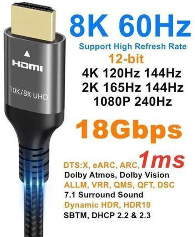 Alt view image 5 of 7 - 33FT 8K HDMI Cable, 48Gbps Nylon Braided High Speed HDMI Cord, 8K@60Hz 4K@120Hz 2K@165Hz 12bit eARC ARC Dolby Atmos HDR10+ HDCP2.3, Compatible with PC TV Soundbar Monitor Mac PS5 Xbox