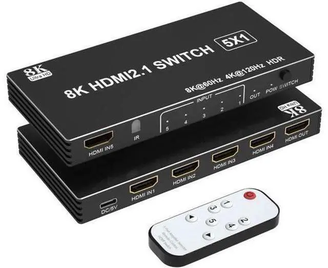 Main image of 5 in 1 Out 8K HDMI 2.1 Switch with Remote, 8K@60Hz 4K@120Hz HDMI Switcher Splitter Support 3D HDR10+ HDCP 2.3 CEC, Compatible with PS5 PS4 PS3 Xbox DVD Fire Stick Roku TV PC Nintendo Switch