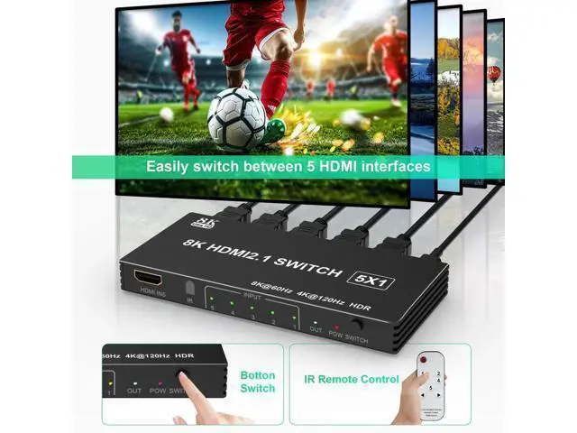 Alt view image 7 of 7 - 5 in 1 Out 8K HDMI 2.1 Switch with Remote, 8K@60Hz 4K@120Hz HDMI Switcher Splitter Support 3D HDR10+ HDCP 2.3 CEC, Compatible with PS5 PS4 PS3 Xbox DVD Fire Stick Roku TV PC Nintendo Switch