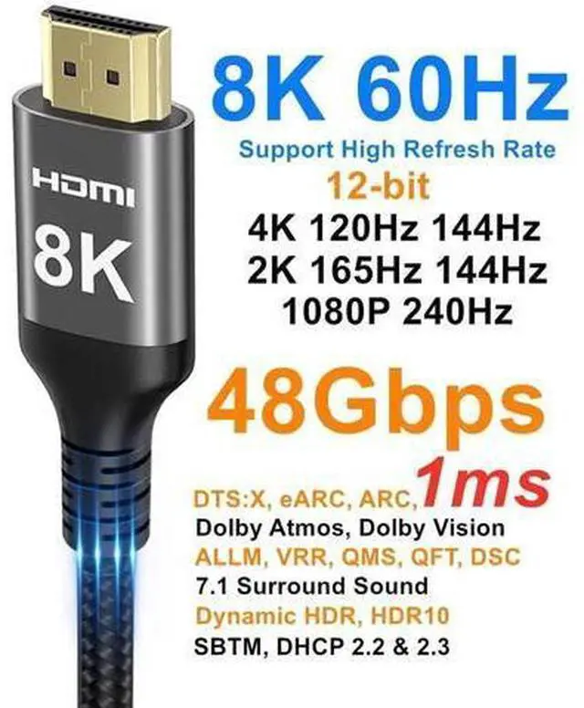 Alt view image 7 of 7 - 33FT 8K HDMI Cable, 48Gbps Nylon Braided High Speed HDMI Cord, 8K@60Hz 4K@120Hz 2K@165Hz 12bit eARC ARC Dolby Atmos HDR10+ HDCP2.3, Compatible with PC TV Soundbar Monitor Mac PS5 Xbox