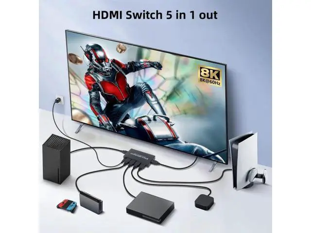 Alt view image 2 of 7 - 5in1Out 8K HDMI 2.1 Switch with Remote Control, 8K@60Hz 4K@120Hz 48Gbps HDMI Switcher Selector, Supports HDR10+ Dolby Vision Atmos HDCP 2.3 CEC, Compatible with PS5 Xbox Series X TV Box Game PC Rok