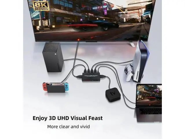 Alt view image 6 of 7 - 5in1Out 8K HDMI 2.1 Switch with Remote Control, 8K@60Hz 4K@120Hz 48Gbps HDMI Switcher Selector, Supports HDR10+ Dolby Vision Atmos HDCP 2.3 CEC, Compatible with PS5 Xbox Series X TV Box Game PC Rok