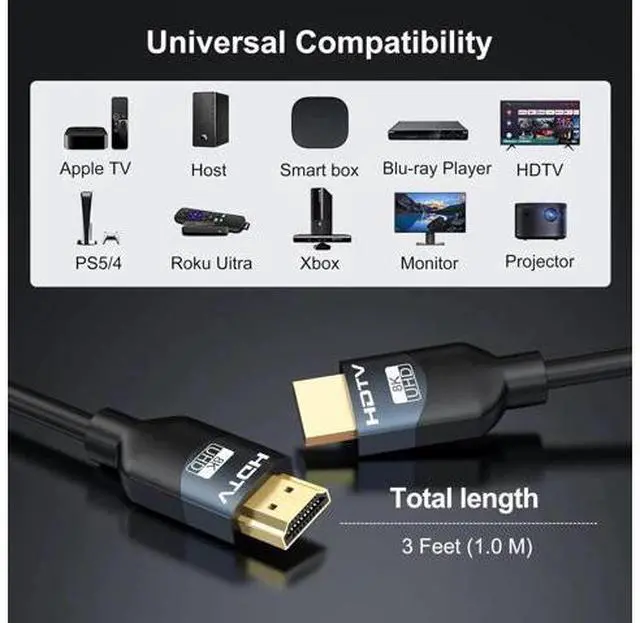 Alt view image 7 of 7 - 8K HDMI 2.1 Cables 3FT 5-Pack High Speed Gaming HDMI Cable 48Gbps 8K@60Hz 4K@165/180/240Hz ARC eARC HDR10 HDCP2.3 for PS5 PS4 Xbox TV Soundbar Monitor PC Roku Cinema