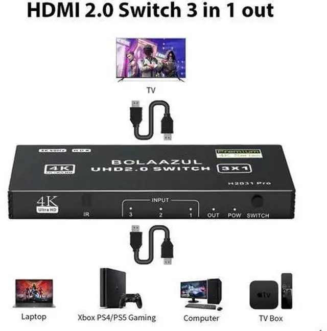 Alt view image 3 of 7 - 3 in 1 Out 4K@60Hz HDMI Switch, 3 Port HDMI Port Expander with IR Remote, Support 3D HDR HDCP2.2, Black Compatible with PS5 PS4 PS3 Xbox Nintendo Switch Roku Fire Stick TV
