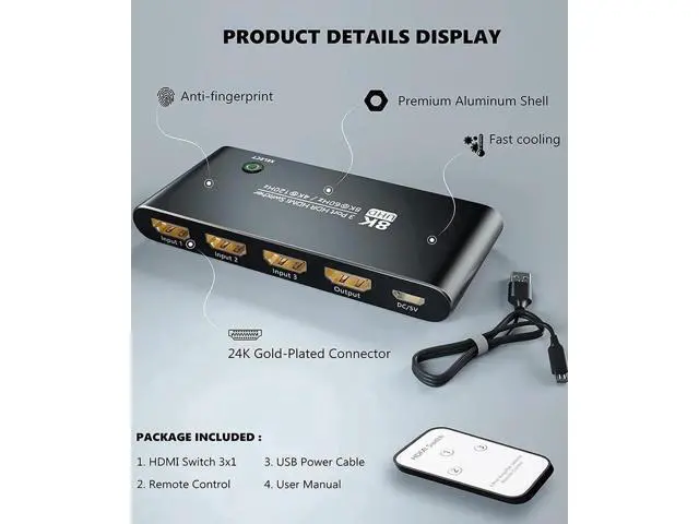 Alt view image 7 of 7 - Aluminum Shell HDMI 2.1 Switch 3 in 1 Out, Directional 8K@60Hz 4K@120Hz 1440P@165Hz 1080P@240Hz HDMI Switcher, 48Gbps High Speed eARC Converter with Remote Control, Compatible with PS5 Xbox Series X