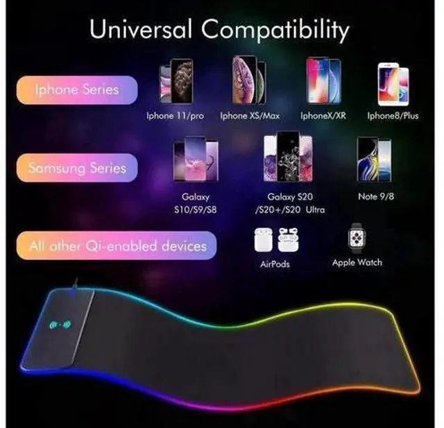 Alt view image 3 of 7 - 10W Wireless Charging RGB Gaming Mouse Pad, 800x300x4MM Extended Large LED Desk Mat, 10 Light Modes Non-Slip Rubber Base Keyboard Mousepad for Gaming