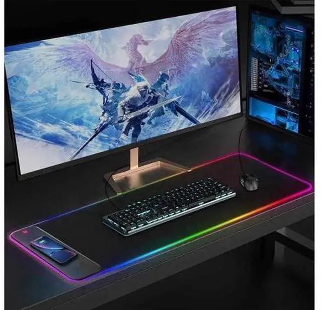 Alt view image 5 of 7 - 10W Wireless Charging RGB Gaming Mouse Pad, 800x300x4MM Extended Large LED Desk Mat, 10 Light Modes Non-Slip Rubber Base Keyboard Mousepad for Gaming