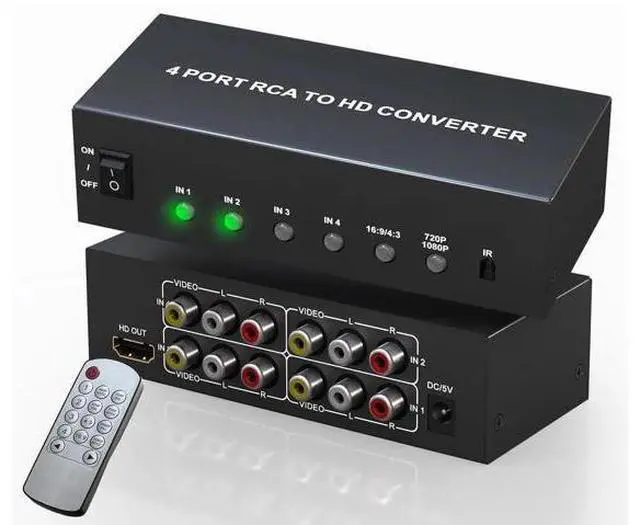 Main image of 4 Port RCA to HDMI Converter, Red White Yellow Composite AV to HDMI Adapter Support 1080P 720P 4:3/16:9 Aspect Ratio Compatible with N64 PS2 PS3 VHS VCR DVD Player Smart TV AUX
