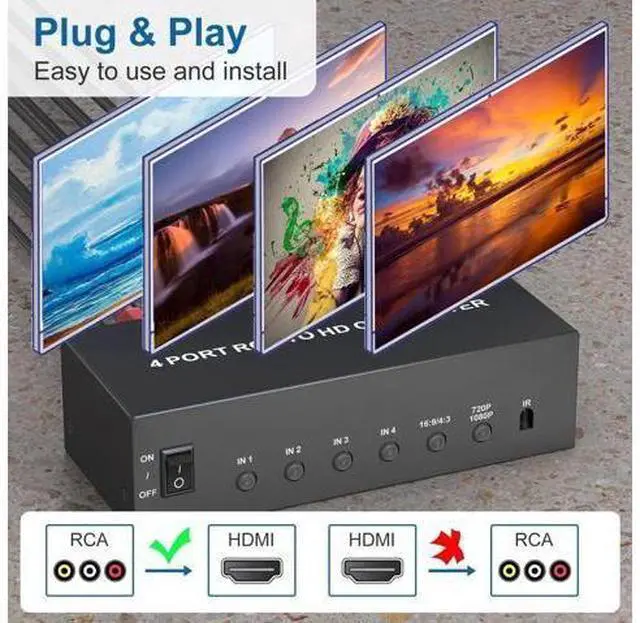 Alt view image 2 of 7 - 4 Port RCA to HDMI Converter, Red White Yellow Composite AV to HDMI Adapter Support 1080P 720P 4:3/16:9 Aspect Ratio Compatible with N64 PS2 PS3 VHS VCR DVD Player Smart TV AUX