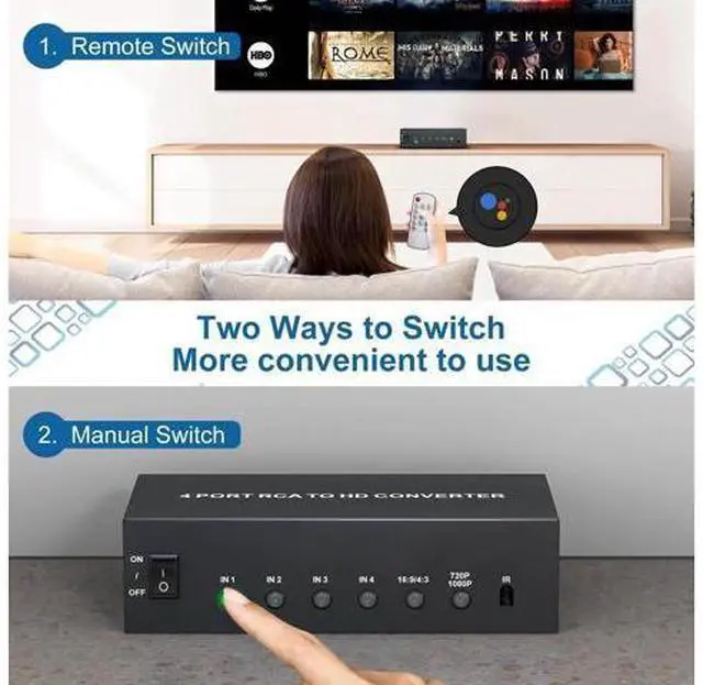 Alt view image 6 of 7 - 4 Port RCA to HDMI Converter, Red White Yellow Composite AV to HDMI Adapter Support 1080P 720P 4:3/16:9 Aspect Ratio Compatible with N64 PS2 PS3 VHS VCR DVD Player Smart TV AUX