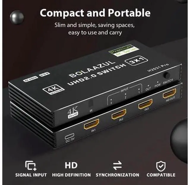 Alt view image 5 of 7 - 3 in 1 Out 4K@60Hz HDMI Switch, 3 Port HDMI Port Expander with IR Remote, Support 3D HDR HDCP2.2, Black Compatible with PS5 PS4 PS3 Xbox Nintendo Switch Roku Fire Stick TV
