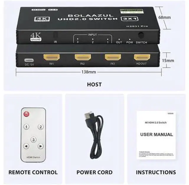 Alt view image 6 of 7 - 3 in 1 Out 4K@60Hz HDMI Switch, 3 Port HDMI Port Expander with IR Remote, Support 3D HDR HDCP2.2, Black Compatible with PS5 PS4 PS3 Xbox Nintendo Switch Roku Fire Stick TV