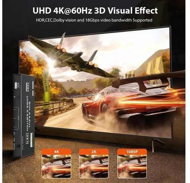 Alt view image 7 of 7 - 3 in 1 Out 4K@60Hz HDMI Switch, 3 Port HDMI Port Expander with IR Remote, Support 3D HDR HDCP2.2, Black Compatible with PS5 PS4 PS3 Xbox Nintendo Switch Roku Fire Stick TV