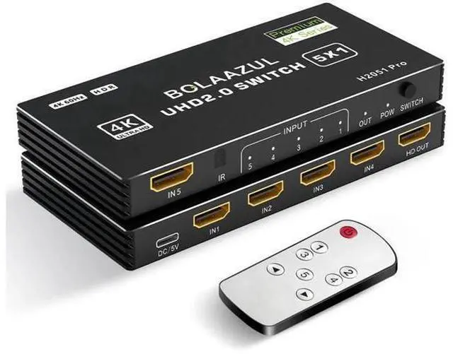Main image of 5 in 1 Out 4K@60Hz HDMI Switch, 5 Port HDMI Port Expander with IR Remote, Support 3D HDR HDCP2.2, Black Compatible with PS5 PS4 PS3 Xbox Nintendo Switch Roku Fire Stick TV