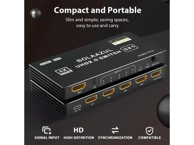 Alt view image 2 of 7 - 5 in 1 Out 4K@60Hz HDMI Switch, 5 Port HDMI Port Expander with IR Remote, Support 3D HDR HDCP2.2, Black Compatible with PS5 PS4 PS3 Xbox Nintendo Switch Roku Fire Stick TV