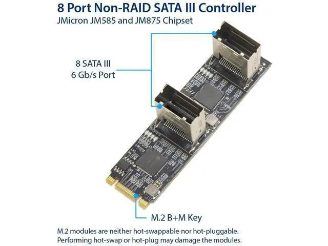 Alt view image 3 of 5 - 8 Port Non-RAID SATA III 6Gbps to M.2 B+M Key Adapter, PCI-e 3.0 x2 Bandwidth