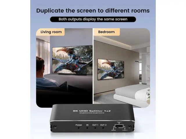 Alt view image 5 of 7 - HDMI 2.1 Splitter 1 in 2 Out, 8K@60Hz 48Gbps Mirror Screen Duplicate Only Not Extended, 4K@120Hz HDCP 2.3 HDR 10+ RGB 4:4:4, Compatible with PS5, Xbox and Streaming Devices