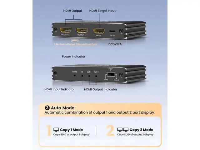 Alt view image 7 of 7 - HDMI 2.1 Splitter 1 in 2 Out, 8K@60Hz 48Gbps Mirror Screen Duplicate Only Not Extended, 4K@120Hz HDCP 2.3 HDR 10+ RGB 4:4:4, Compatible with PS5, Xbox and Streaming Devices