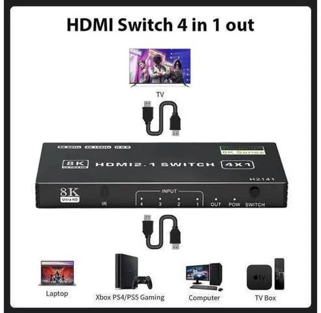 Alt view image 7 of 7 - 8K HDMI Switch 4 in 1 Out, 4 Port HDMI 2.1 Switch Box with IR Remote Control, 48Gbps HDR10 HDCP2.3 DPCP Auto Switching, Compatible with PS5 PS4 Xbox NS HDTV Monitor