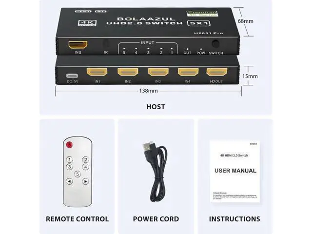 Alt view image 5 of 7 - 5 in 1 Out 4K@60Hz HDMI Switch, 5 Port HDMI Port Expander with IR Remote, Support 3D HDR HDCP2.2, Black Compatible with PS5 PS4 PS3 Xbox Nintendo Switch Roku Fire Stick TV