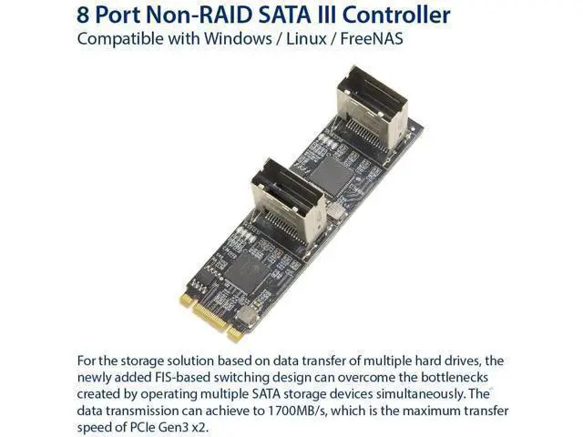 Alt view image 4 of 5 - 8 Port Non-RAID SATA III 6Gbps to M.2 B+M Key Adapter, PCI-e 3.0 x2 Bandwidth