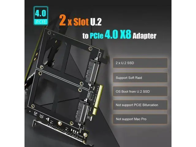 Alt view image 4 of 7 - PU21 Dual U.2 to PCIe 4.0 X8 Adapter Card, No Onboard PCIe Bifurcation, Support Software U.2 SSD RAID, Require Motherboard PCIe Bifurcation