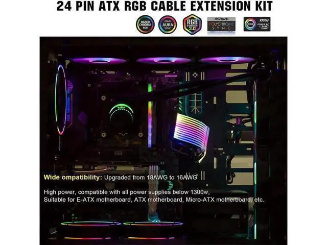 Alt view image 4 of 6 - Pccooler RGB Sleeved PSU Extension Cable Kit, 16AWG 24Pin ATX Custom ARGB Power Extension Cord, 5V 3Pin Sync Addressable RGB Cable, Compatible with Major Motherboard RGB Software for PC Cable Manageme