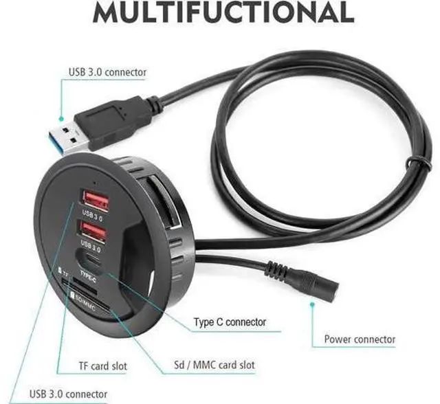 Alt view image 5 of 7 - 60MM 2.36 Inch Grommet Desk-Fit USB 3.0 Hub, 2 Port Type-A + 1 Port Type-C with SD/TF Card Reader, Support Charging & Data Transmission, Comes with 5V/2A Power Adapter