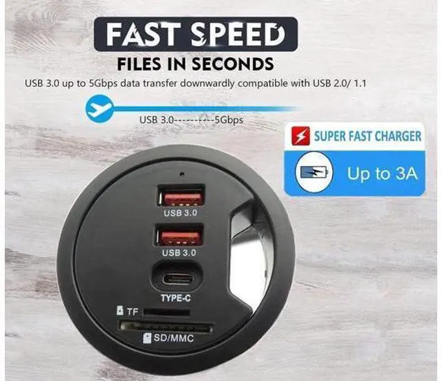 Alt view image 6 of 7 - 60MM 2.36 Inch Grommet Desk-Fit USB 3.0 Hub, 2 Port Type-A + 1 Port Type-C with SD/TF Card Reader, Support Charging & Data Transmission, Comes with 5V/2A Power Adapter